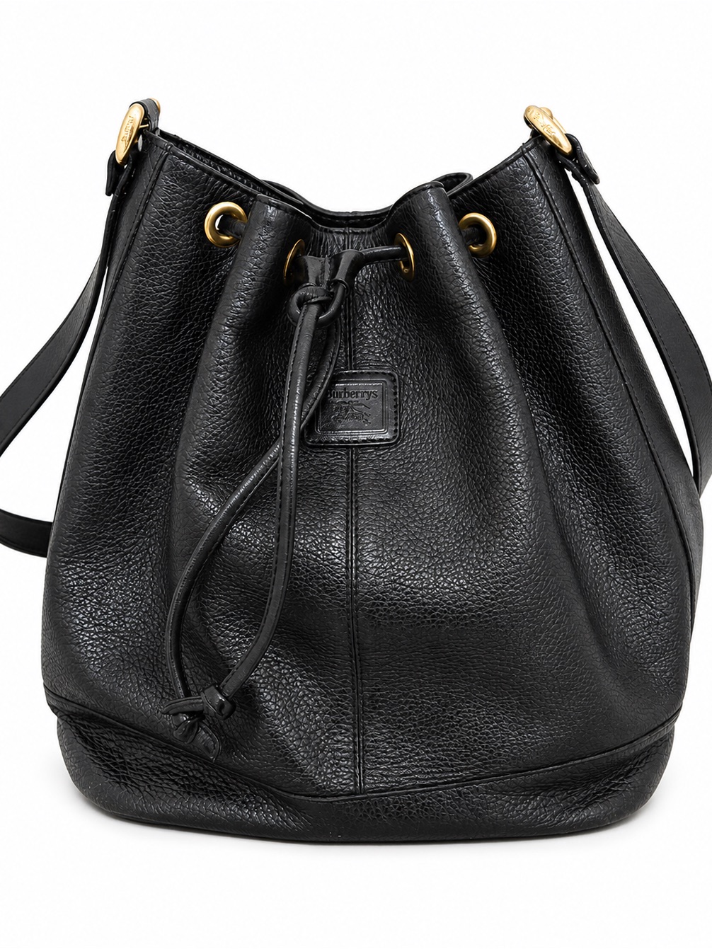 Burberrys Vintage Black Leather Bucket Bag Nova Check Drawstring Shoulder Bag